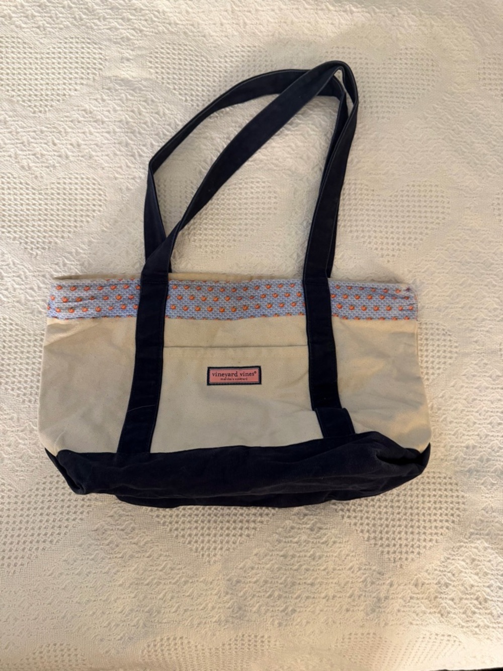 Vineyard Vines Beige Canvas Tote with Navy Trim and Orange Accent